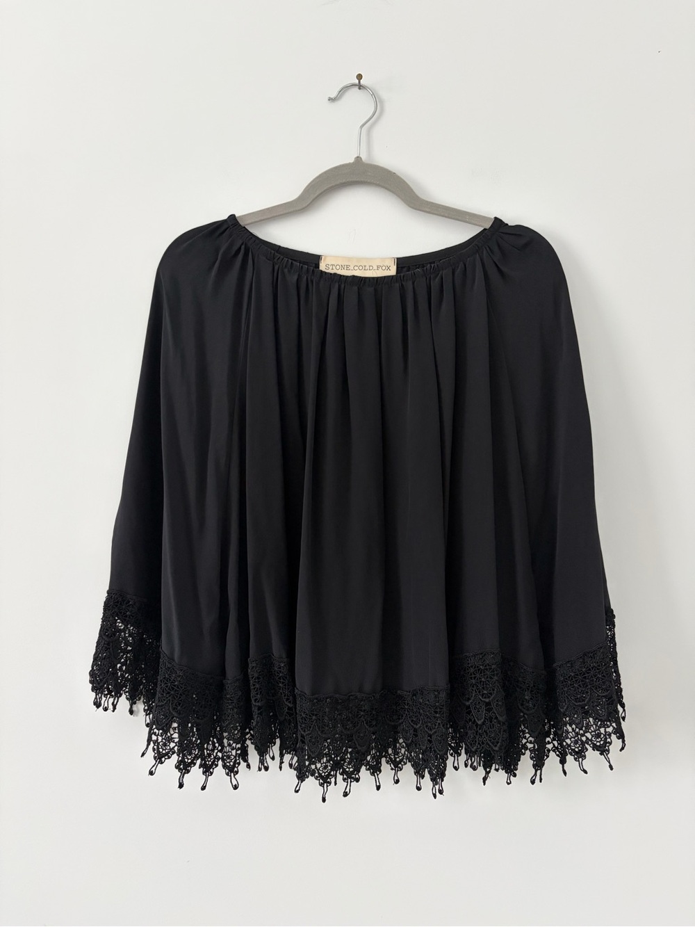 Stone Cold Fox Black Silk Crochet Lace Trim Oversized Boho Blouse L